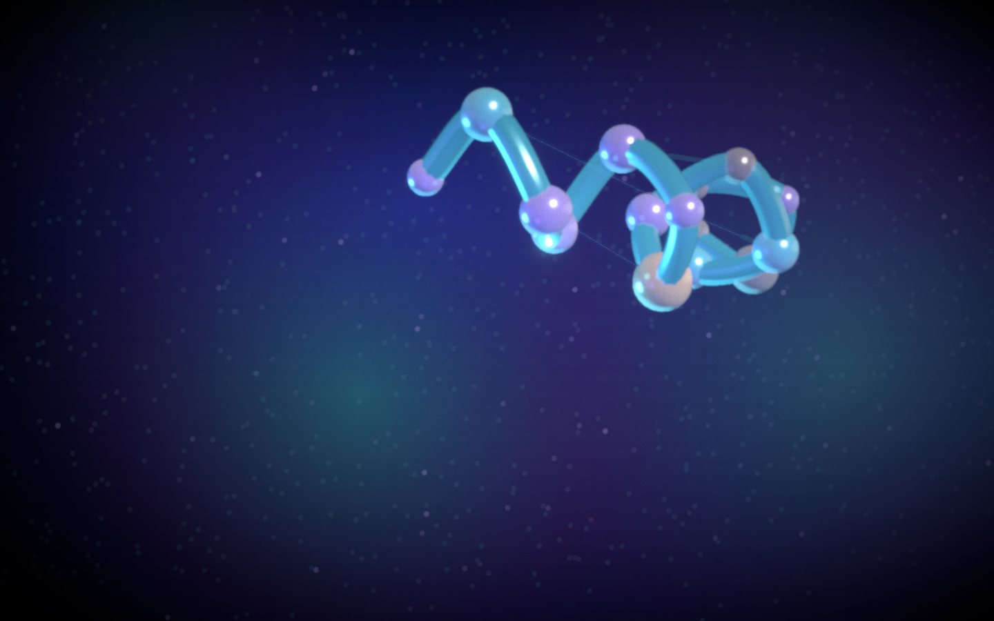A glowing sequence-derived molecular chain in a deep cyan and violet laboratory environment